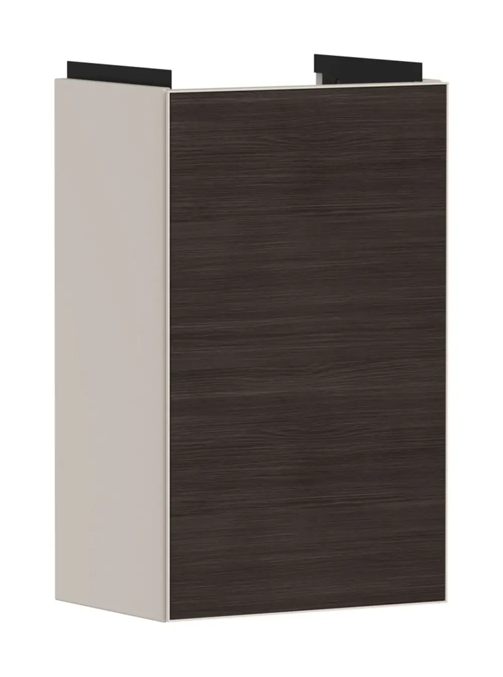Waschtischunterschrank in Sandbeige mit einer Holzoberfläche. Die linke Tür öffnet sich und ist für ein Handwaschbecken geeignet. Marke: Hansgrohe.